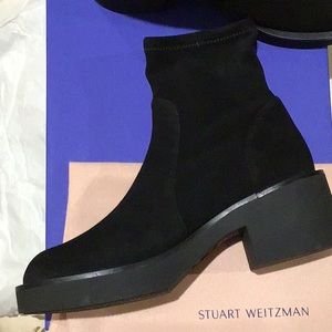 New Stuart Weizmann Black Suede Sock Bootie in original box with a dust bag